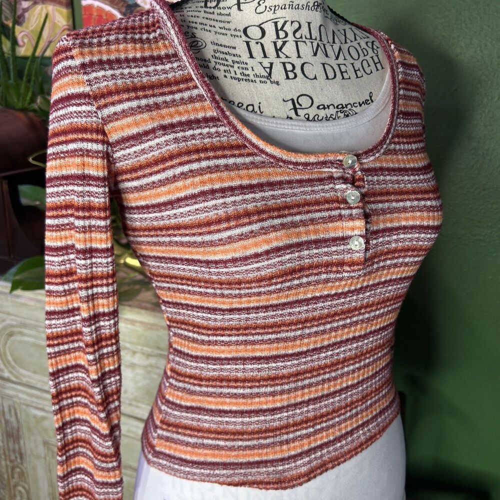 Vtg Y2K Scoop Neck Striped Crop Henley Tee Orange Stripe Grunge Sz Small